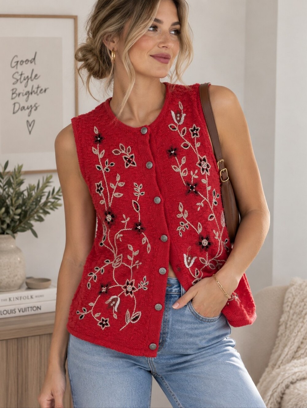 5/$25 Northern Reflections Red Embroidered Knit Sweater Vest